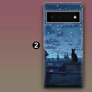 May include: A clear phone case with a black cat silhouette sitting on a rooftop against a starry night sky. The case features a cityscape with buildings and a cloudy sky.