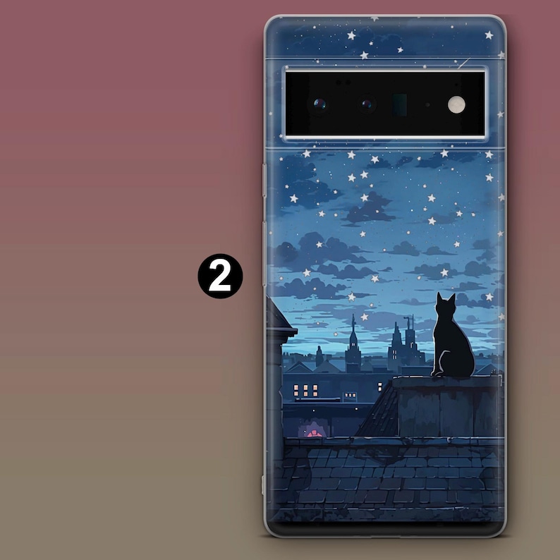 May include: A clear phone case with a black cat silhouette sitting on a rooftop against a starry night sky. The case features a cityscape with buildings and a cloudy sky.