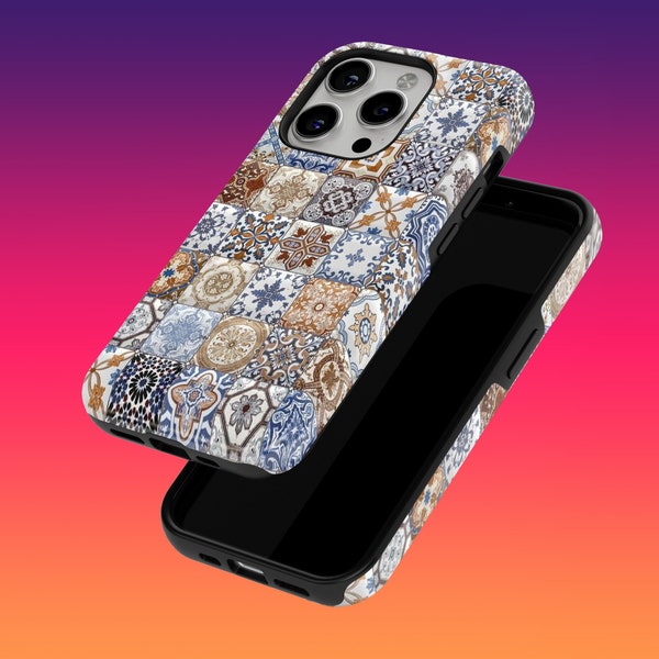 Sturdy Bohemian Phone Case Ceramic Tiles Phone Cover for iPhone 15, 14, 13, 12, 8, Google Pixel 8, 8 Pro, 7A, 6, 5, Samsung Galaxy S24, S23