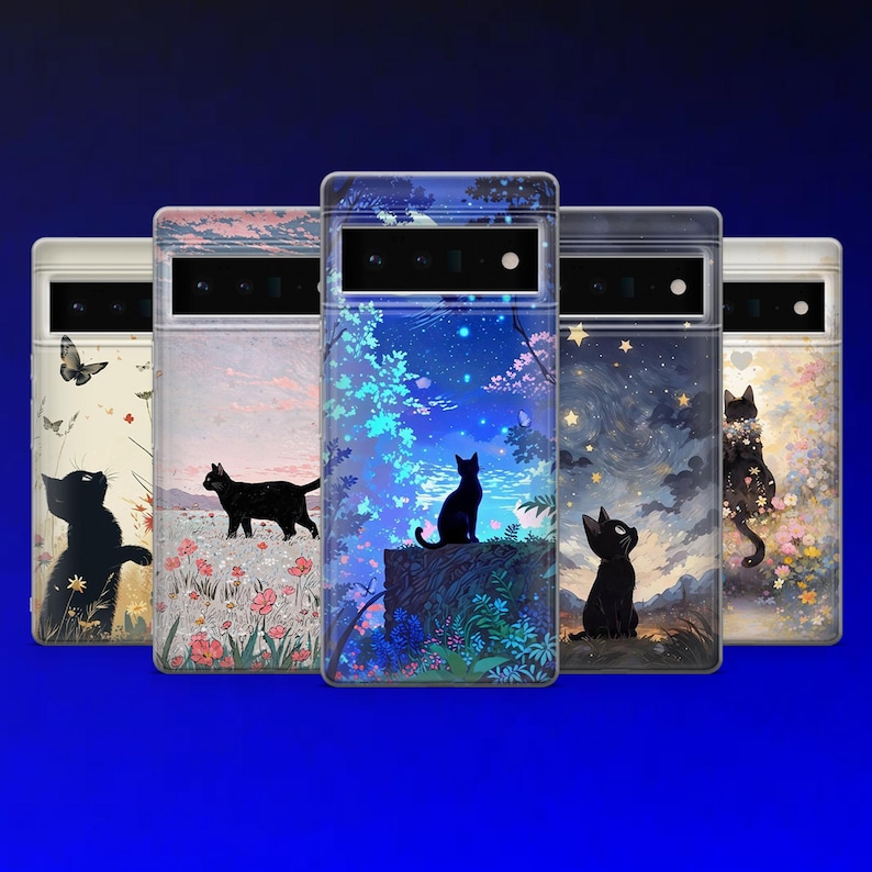 May include: Set of six phone cases featuring black cats in different poses against a variety of backgrounds. The backgrounds include a starry night sky, a field of flowers, and a forest scene.