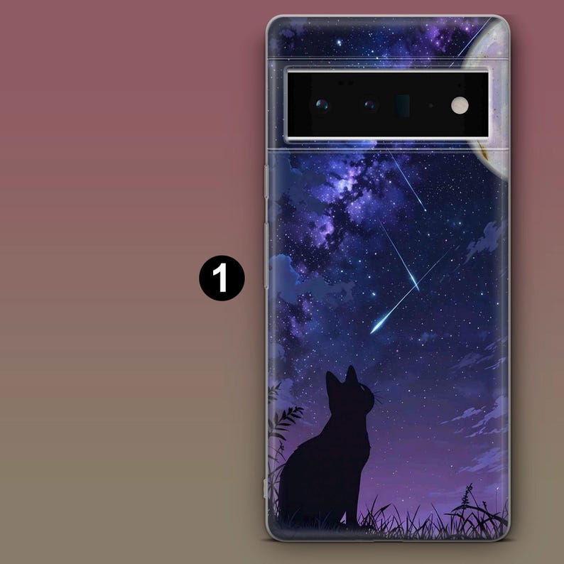 May include: A phone case with a black cat silhouette looking up at a starry night sky with shooting stars. The case has a clear background and a black camera cutout.