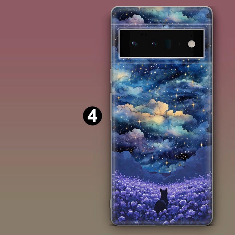 May include: A phone case with a starry night sky and clouds design. The case features a black cat silhouette standing in a field of purple flowers.