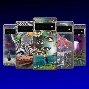 May include: Five different phone cases featuring colourful and abstract designs. The designs include a psychedelic spiral, a mountain range, a starry sky, a field of eyes, and a UFO.