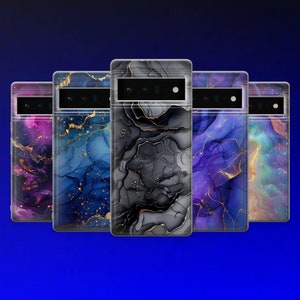 May include: Four phone cases featuring abstract marble designs in shades of purple, blue, grey, and green with gold accents.