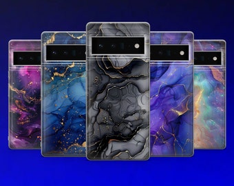 May include: Four phone cases with abstract marble designs in shades of purple, blue, gray, and green with gold accents.