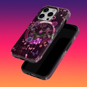 May include: A black phone case featuring a floral design and a clock face. The clock face has Roman numerals and a butterfly design. The case is designed for an iPhone.