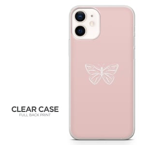 May include: A clear phone case with a full back print of a white butterfly on a pink background.  CLEAR CASE FULL BACK PRINT.