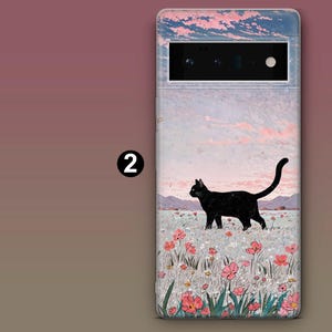 May include: A black cat walks through a field of pink flowers against a pastel pink and blue sky. The image is on a phone case.