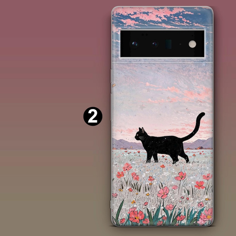 May include: A black cat walks through a field of pink flowers against a pastel pink and blue sky. The image is on a phone case.