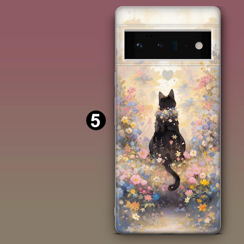May include: A black cat sits in a field of colorful flowers. The cat is looking up at a heart-shaped cloud in the sky. The background is a soft, pastel color.