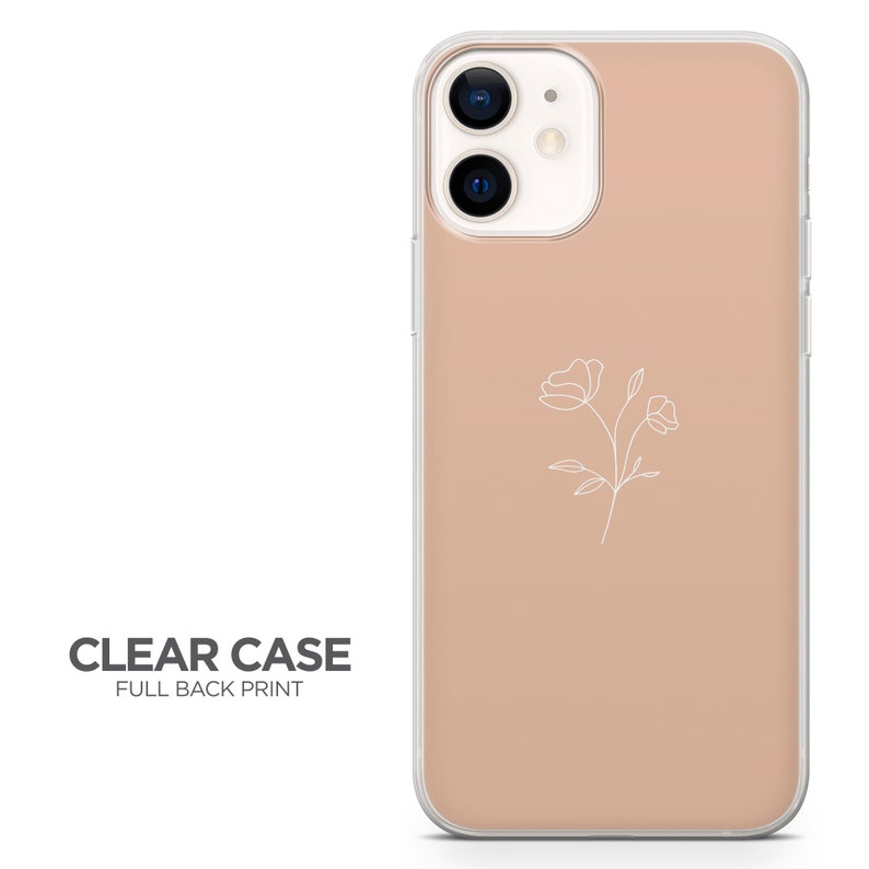 May include: A clear phone case with a full back print of a simple line drawing of two flowers on a light peach background. The case is designed for an iPhone.