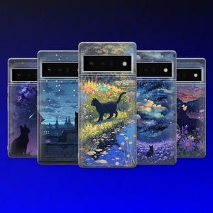 Coque de portable oeuvre d'art ciel nocturne Chat mystique pour Google Pixel 9, 8A, 8 Pro, 8, 7, 7A, 7 Pro, 6, 6 Pro, 6A, Samsung Galaxy S25, S24