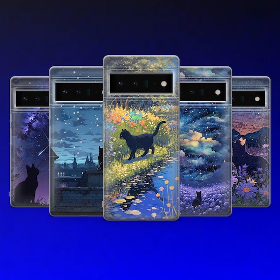 Night Sky Artwork Phone Case Mystical Cat Phone Cover for Google Pixel 10, 9, 8A, 8 Pro, 8, 7, 7A, 7 Pro, 6, 6 Pro, Samsung Galaxy S25, S24