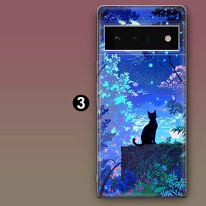 May include: A phone case with a blue and purple starry night sky design. A black cat sits on a rock in the foreground. The case has a clear back and a black camera cutout.