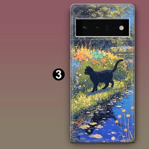 May include: A black cat walks through a colorful garden with a blue stream and lily pads. The image is on a clear phone case.