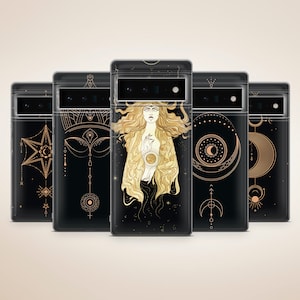 May include: Five different phone cases with black backgrounds and gold designs. The designs include a star, a crescent moon, a sun, and a woman with a crown.