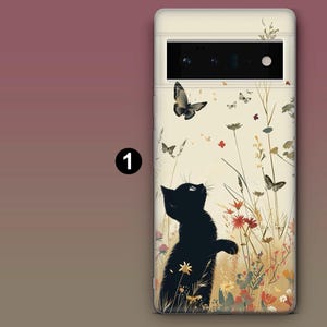 May include: A white phone case with a black cat silhouette looking up at a butterfly. The background features a floral design with butterflies and a light beige color.