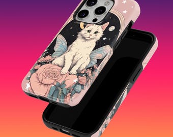Durable Fairy Kitty Phone Case Cozy Kawaii Cat Phone Cover for iPhone 16, 15, 14, 13, 12, Google Pixel 9, 9 Pro, 8, 7A, Samsung Galaxy S24