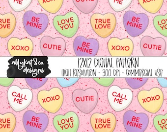 Conversation Hearts Digital Paper: Valentine's Day Pattern (12x12 JPEG)