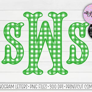 Kelly Green Gingham Sublimation Monogram, Gingham Monogram PNG, Fishtail Monogram Letters, Commercial Use Monogram Letters, Gingham Monogram