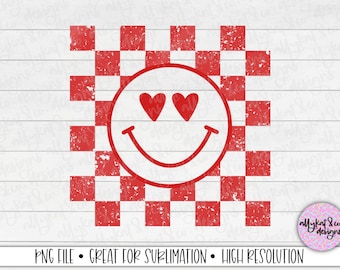 Valentine's Day Checkered Happy Face PNG: Retro Heart Love (Digital File)