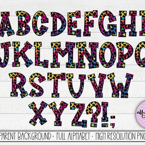 May include: A full alphabet in black outlined letters with a rainbow and black leopard print pattern. The letters are outlined in black and have white stars around the edges. The letters are on a transparent background.