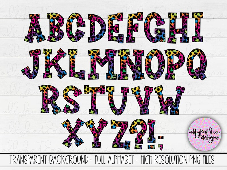 May include: A full alphabet in black outlined letters with a rainbow and black leopard print pattern. The letters are outlined in black and have white stars around the edges. The letters are on a transparent background.