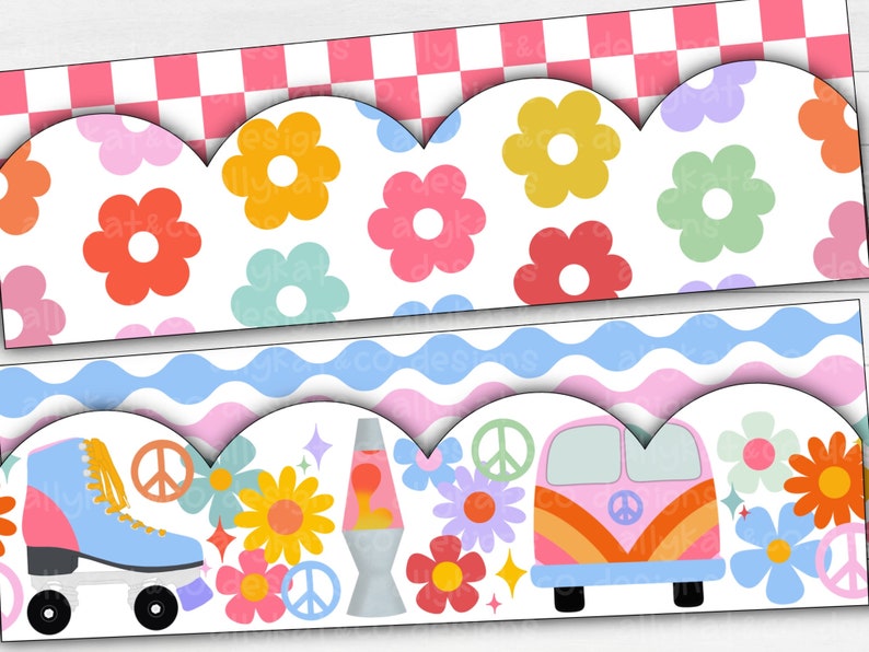 May include: A colourful classroom border with a groovy 1970s theme. The border features a white background with a scalloped edge, and is decorated with peace signs, flowers, a vintage van, and roller skates. The border also includes a chequered pattern and a wavy blue and pink pattern.
