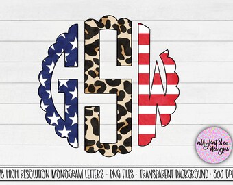 May include: A monogram letter design with three different patterns. The first letter is blue with white stars, the second letter is leopard print, and the third letter is red and white stripes.