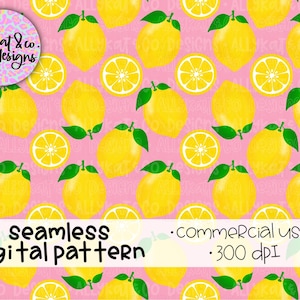 Könnte beinhalten: Ein nahtloses digitales Muster mit gelben Zitronen und Zitronenscheiben auf rosa Hintergrund. Das Muster hat 300 dpi und ist für kommerzielle Zwecke bestimmt.