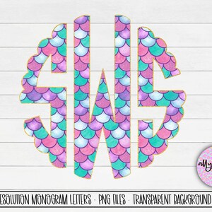 Mermaid Print Scallop Sublimation Monogram, Mermaid Monogram Letters, Mermaid Monogram T-shirt Transfer, Mermaid Birthday Party T-shirt PNG