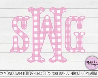 Pink White Gingham Sublimation Monogram, Gingham Monogram PNG, Fishtail Monogram Letters, Commercial Use Monogram Letters, Gingham Monogram