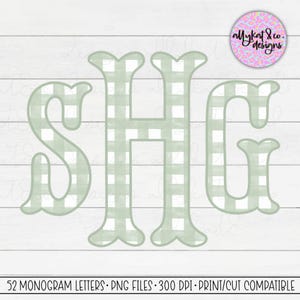 May include: Three monogram letters, S, H, and G, in a green and white gingham pattern. The letters are outlined in white and have a slightly distressed look.