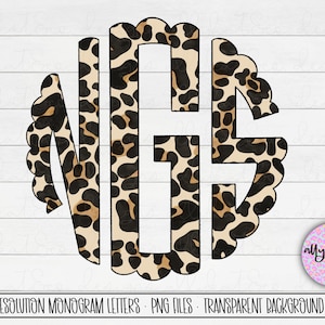 May include: A monogram letter design in a circle with a scalloped edge. The letters are in a leopard print pattern with black and brown spots on a beige background.