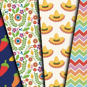 Peut inclure: Quatre motifs mexicains sans couture diff&eacute;rents. Le premier motif est un fond bleu fonc&eacute; avec des piments rouges et jaunes. Le deuxi&egrave;me motif est un fond blanc avec des fleurs color&eacute;es et des feuilles vertes. Le troisi&egrave;me motif est un fond jaune clair avec des sombreros jaunes avec des pompons rouges. Le quatri&egrave;me motif est un motif chevron color&eacute; avec des couleurs altern&eacute;es de rouge, orange, jaune, vert, bleu et violet.