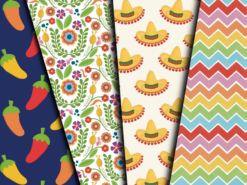 Peut inclure: Quatre motifs mexicains sans couture diff&eacute;rents. Le premier motif est un fond bleu fonc&eacute; avec des piments rouges et jaunes. Le deuxi&egrave;me motif est un fond blanc avec des fleurs color&eacute;es et des feuilles vertes. Le troisi&egrave;me motif est un fond jaune clair avec des sombreros jaunes avec des pompons rouges. Le quatri&egrave;me motif est un motif chevron color&eacute; avec des couleurs altern&eacute;es de rouge, orange, jaune, vert, bleu et violet.