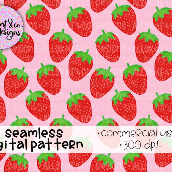 Strawberries Seamless Pattern for Commercial Use, Strawberry Seamless Repeat Pattern, Hand drawn Clipart, Strawberries Digital Pattern