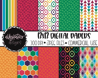 Rainbow Patterned Digital Paper,  Hand Drawn Patterns, Digital Scrapbooking Paper, Commercial use, Rainbow Stripes, rainbow digital download