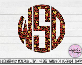 May include: A monogram letter in a circle with a red and gold leopard print pattern. The letter is black and the background is white.