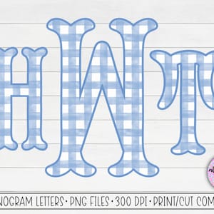 Monograma de sublimación de Gingham blanco azul, Monograma PNG de Gingham, Letras de monograma de cola de pez, Letras de monograma de uso comercial, Monograma de Gingham