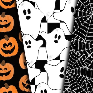 May include: Three seamless patterns for Halloween. One pattern features orange pumpkins with black eyes and mouths on a black background. Another pattern features white ghosts with black eyes on a black and white checkered background. The third pattern features white spiderwebs on a black background.