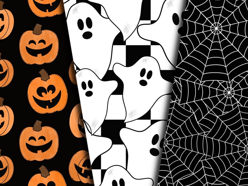 May include: Three seamless patterns for Halloween. One pattern features orange pumpkins with black eyes and mouths on a black background. Another pattern features white ghosts with black eyes on a black and white checkered background. The third pattern features white spiderwebs on a black background.