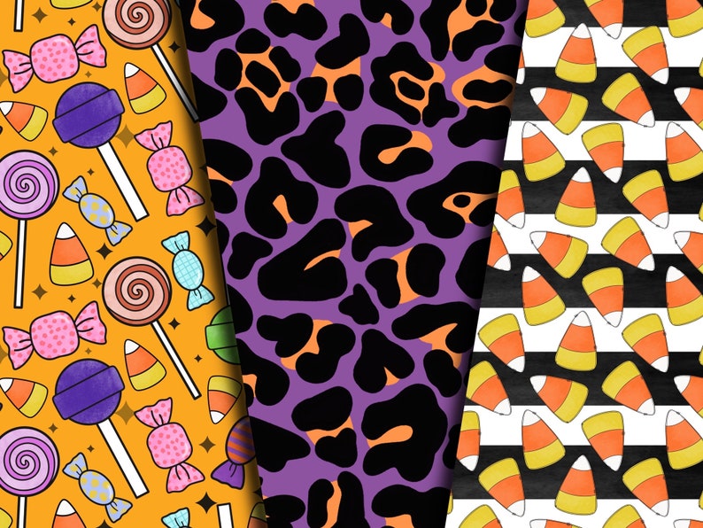 May include: Three digital paper patterns featuring Halloween themes. The first pattern is orange with candy corn, lollipops, and wrapped candies. The second pattern is purple with black leopard spots. The third pattern is black and white stripes with candy corn.