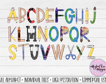 School Doodle Alphabet: A-Z Sublimation Letters (PNG Digital Download)