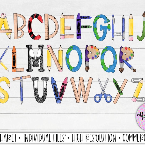 Back to School Sublimation Alphabet Bundle, A-Z Full Uppercase Alphabet, School Doodle Letters, School Png, Pencil School Supplies Png