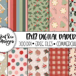Boho Christmas Digital Papers, Hand Drawn Pattern, Digital Scrapbooking Paper, Commercial use, Santa Gingerbread digital paper, Christmas