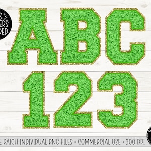 Faux Kelly Green Chenille Patch PNG Files, Varsity Letters and Numbers PNG, Sublimation, Furry Glitter Letters PNG, Bulletin Board Letters