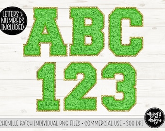 Letras e números universitários em chenille verde falso Kelly PNG (download digital)
