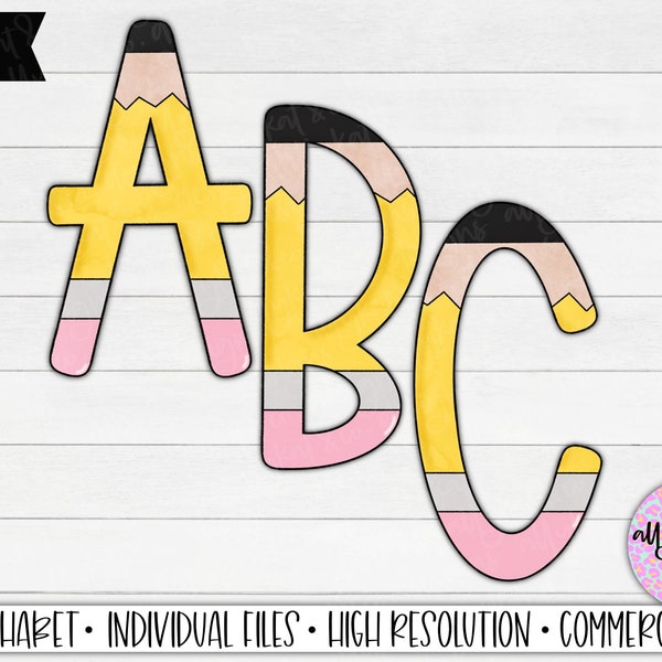 Pencil Doodle Letters Alphabet PNG, Sublimation Letters, A-Z Upper Case Alphabet, School Supplies Doodle Letters, Back to School Letters PNG