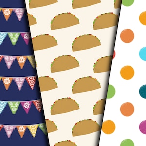 Peut inclure: Trois motifs diff&eacute;rents pour du tissu ou du papier d'emballage. Le premier motif est un fond bleu avec des fanions color&eacute;s. Le deuxi&egrave;me motif est un fond blanc avec des tacos bruns. Le troisi&egrave;me motif est un fond blanc avec des pois color&eacute;s.